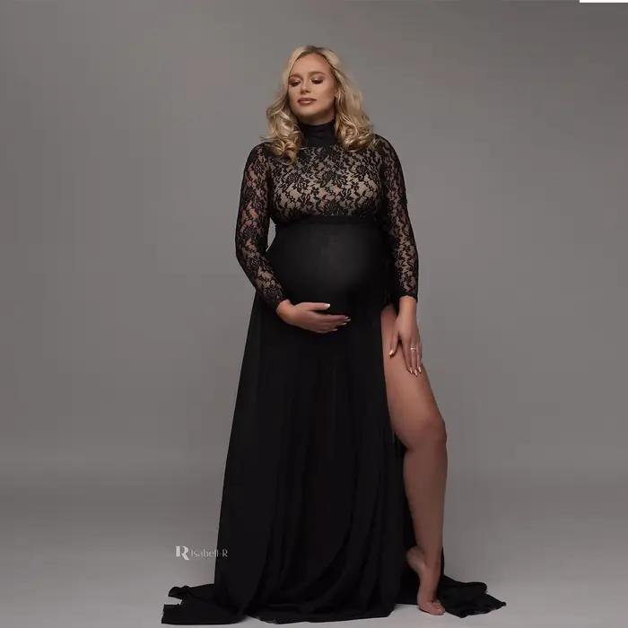 Robe d'accessoires de photographie de maternité, body en dentelle extensible, jupe fendue sur les cô