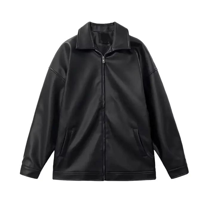 Veste en cuir PU noir surdimensionnée, col zippé, veste pour homme, style coréen, veste bomber décon