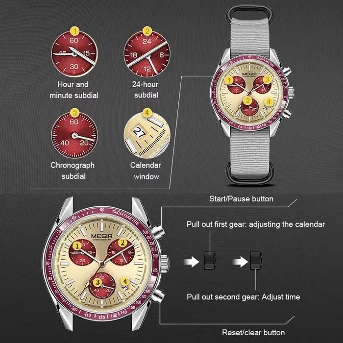 MEGIR nouvelles montres de luxe pour hommes toile tissage bracelet Sport automatique chronographe Qu
