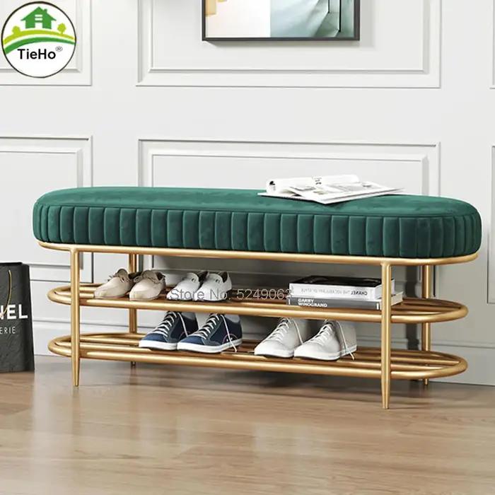 Banc de rangement de chaussures en velours doux 60/80/100CM, meuble à chaussures avec support à 2 ni