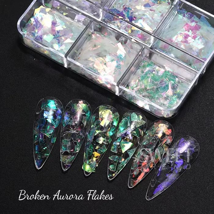 6 grilles AB irisé ongles paillettes flocons irrégulier aurore étincelle paillettes cristal verre fé