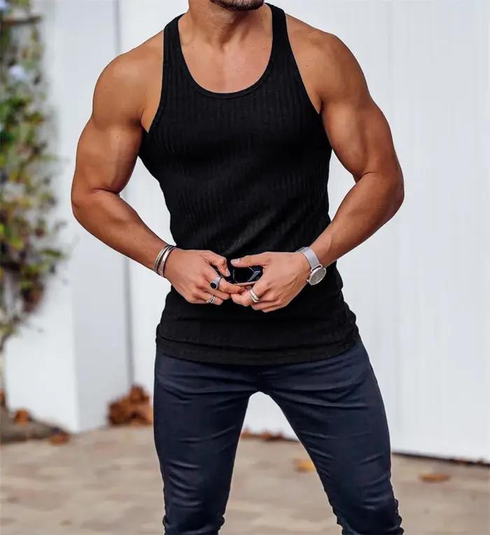 Débardeur Homme Fitness 2025 Été Rayure - Maillot de Corps Musculation Sport Sans Manches