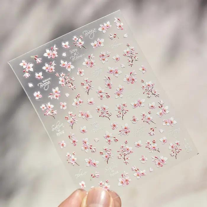 Autocollants 5D en relief pour ongles, motif fleur de cerisier, auto-adhésifs, pour manucure DIY, co