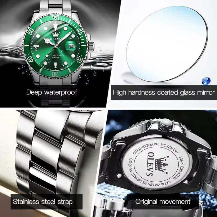 OLEVS 5885 montres pour hommes affaires bracelet en acier inoxydable montre à Quartz vert calendrier