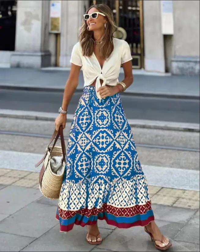 Jupe évasée imprimée à taille élastique pour femme, jupe midi bohème à empiècements, idéale pour la