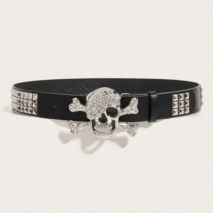 Ceinture à rivets et boucle tête de mort punk foncé pour hommes, 1 pièce, ceinture décorative polyva