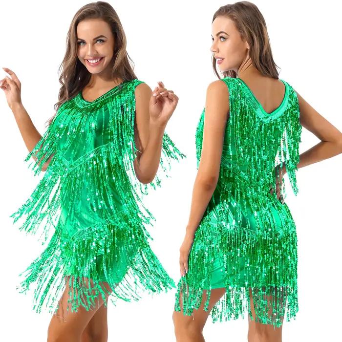 Robe de phtaline col V femme - Costume danse Cha Cha latine samba tango paillettes glands