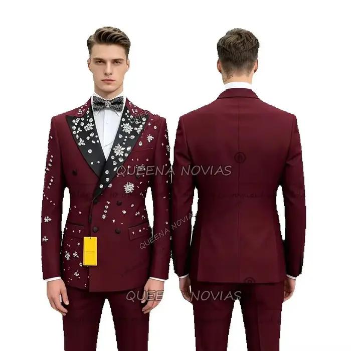 Costume de luxe bordeaux pour homme pour mariage, orné de pierres de joaillerie Black Label, blazer
