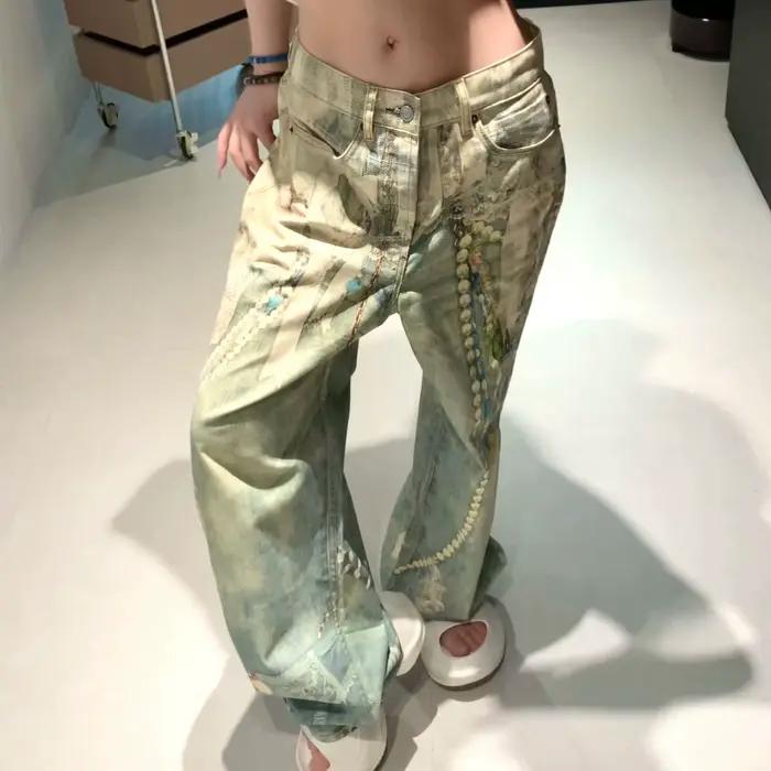 25SS dentelle perle chaîne trompe l'oeil 3D imprimé 1981 jambe droite jean pour hommes et femmes ropa hombre