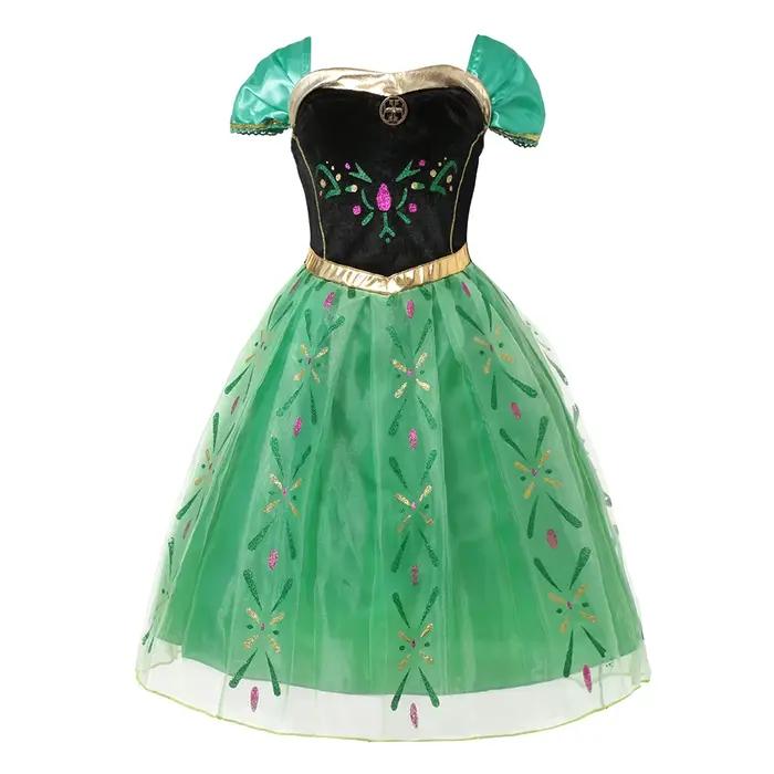 Robe verte imprimée complète pour enfants filles, 3 pièces, robe Cosplay + écharpe + ceinture, dégui