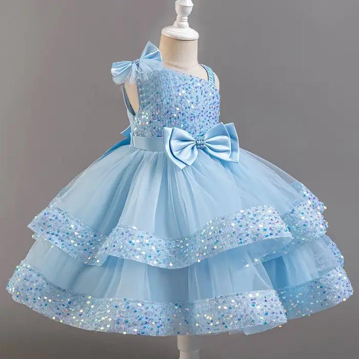 Robe de princesse en maille pour filles, avec nœud à paillettes, col irrégulier, pour fête d'anniver