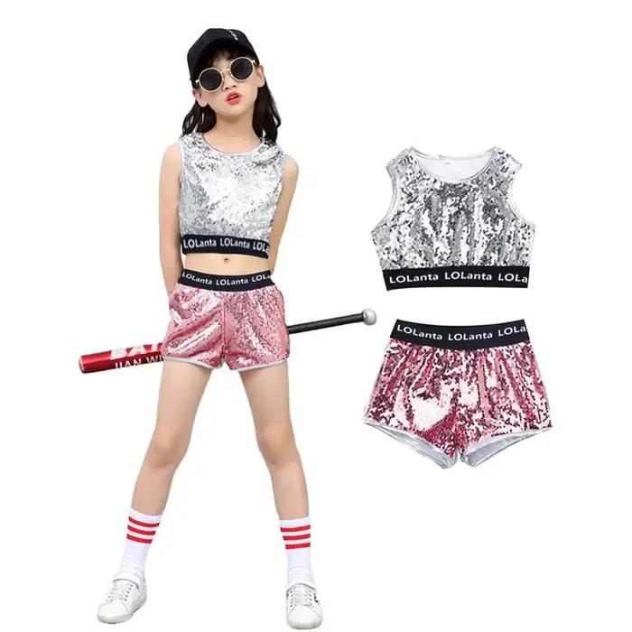 LOlanta 4-14 ans filles rose paillettes Crop Tops short veste Costume de danse Hip Hop moderne Jazz