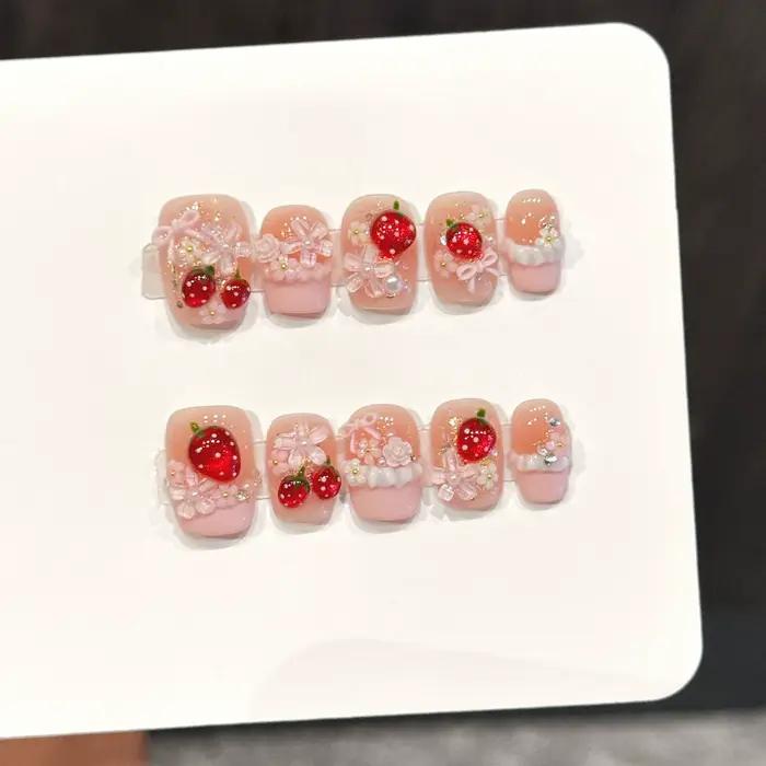 10 pièces mignon rouge fraise presse sur ongles rose nœuds papillon fleur perle décor français à la