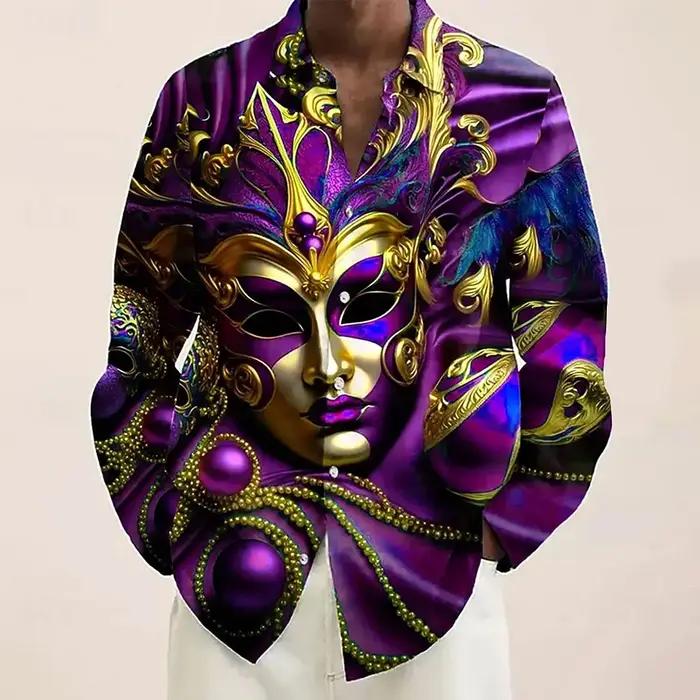 Mardi Gras hommes masque carnaval perles chemise boutonnée chemise à manches longues mode décontract