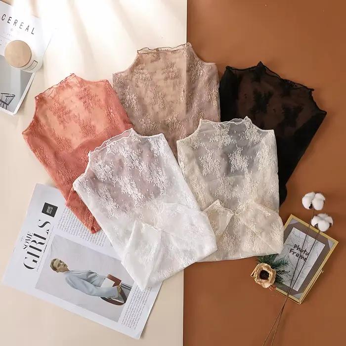 T-Shirts en maille pour femmes, chemisier en dentelle transparente, manches longues, hauts transpare