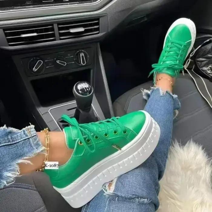 Baskets légères à plateforme en cuir PU pour femmes, chaussures de sport à tête ronde, à lacets, vul
