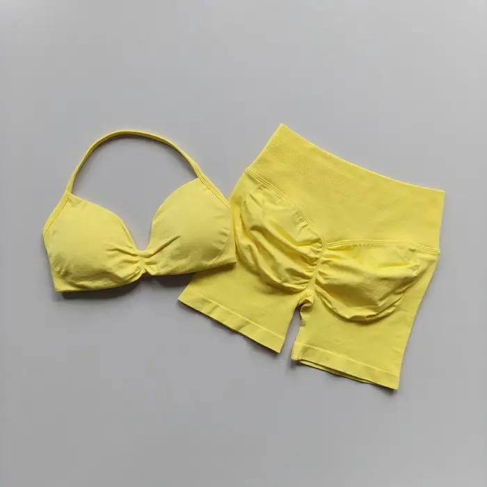 Ensemble de yoga deux pièces sans couture pour femme : soutien-gorge de sport push-up à col halter e