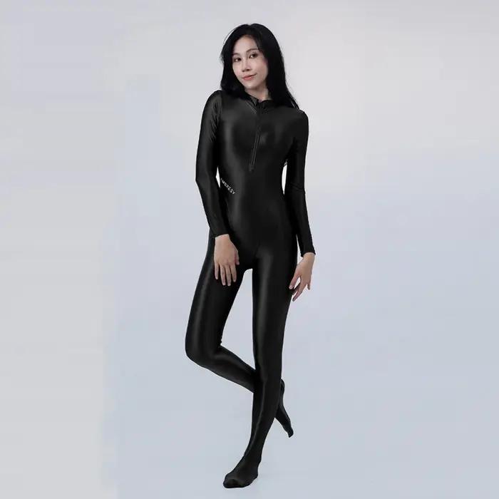 Sexy avant fermeture éclair huile collants brillant lisse une pièce maillot de bain femmes Yoga comb