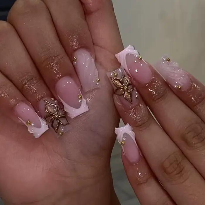 24 pièces Simple français presse sur faux ongles court carré presse sur ongles fleur strass faux ong