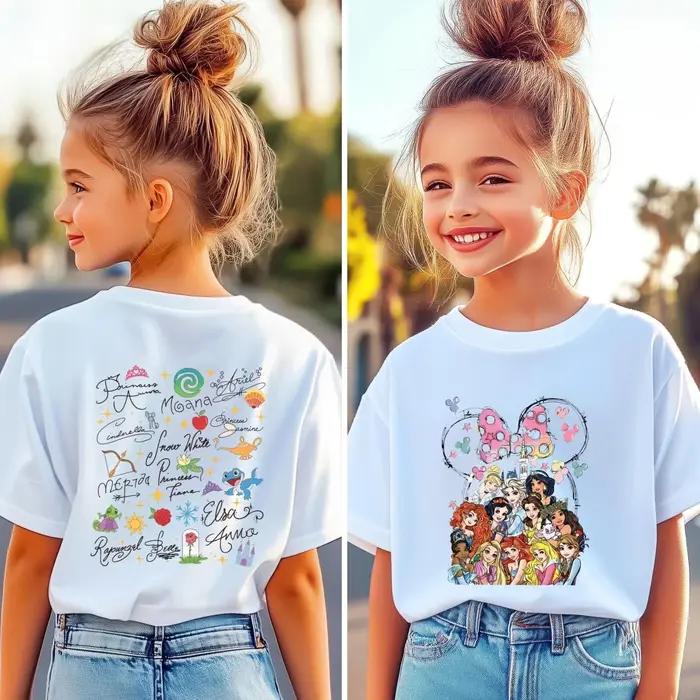 T-shirt à manches courtes pour enfants et adultes, printemps, princesse Disney, rétro, imprimé Doubl