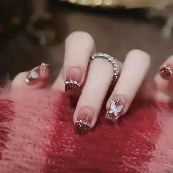 Faux ongles de Ballet rouge, 24 pièces, papillon, paillettes courtes avec strass, Design français, c
