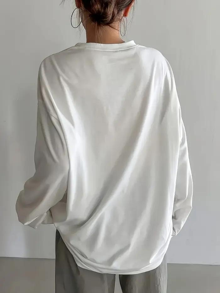 T-shirt à manches longues pour femmes, ample, col rond, polyvalent, blanc, 100% coton, confortable,