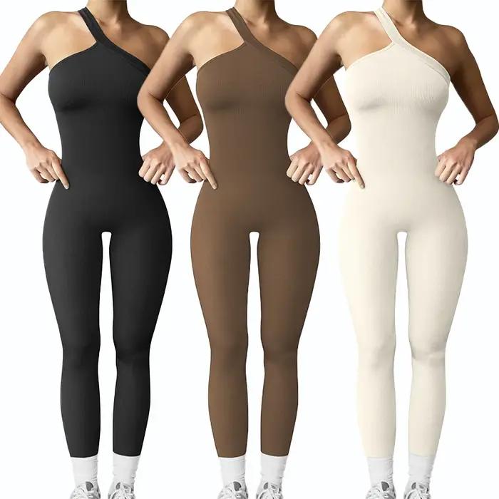 Combinaisons de Yoga pour femmes, côtelées, asymétrique épaule dénudée, une pièce, Sport, couleur un