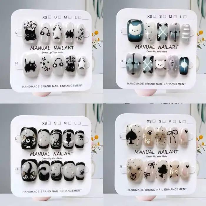 10 pièces dessin animé mignon chat noir bleu gris géométrie à la main presse sur les ongles tête car