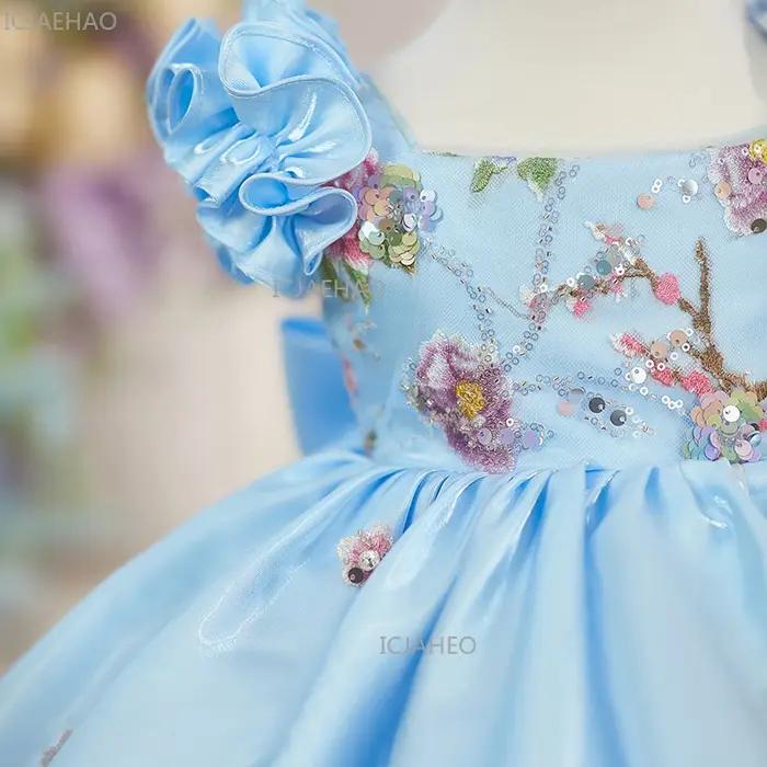 Nouvelle Robe de Princesse Bleue pour Enfants à Manches Volantes et Moelleuses, Robe de Cérémonie po