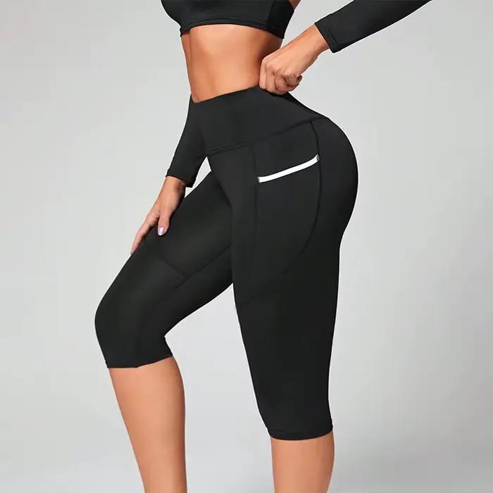 Leggings capri femme taille haute avec poches - Pantalon de yoga contrôle ventre entraînement fitness