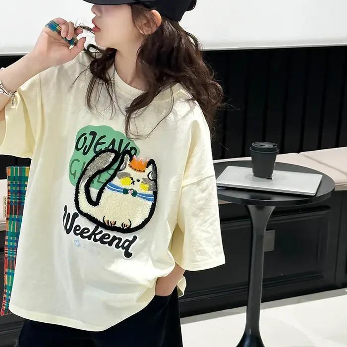 T-shirt à manches courtes pour filles, haut en coton pour enfants, vêtements d'été amples de style c