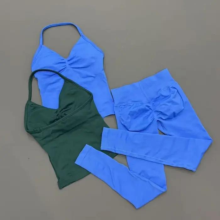 Ensemble de yoga sans couture pour femme : haut dos nu et leggings taille haute froncés aux fesses