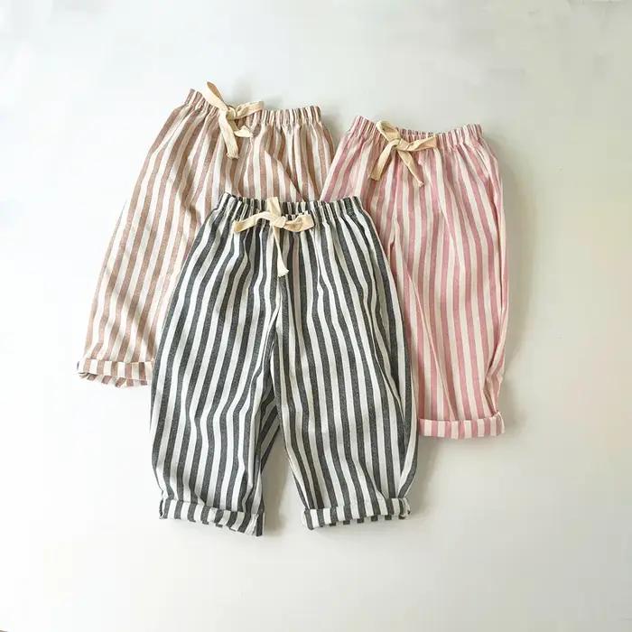Pantalon à rayures en coton et lin pour garçon et fille, style décontracté, été automne