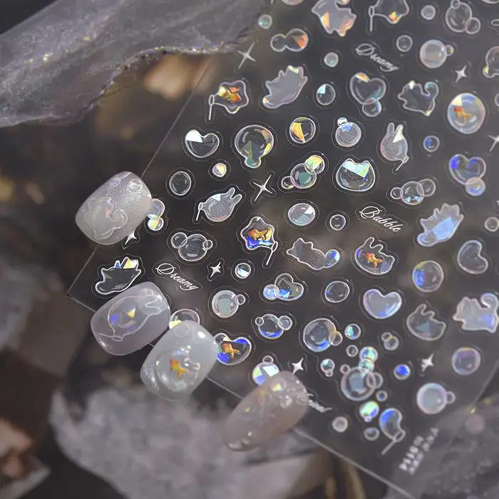 Autocollants de décoration d'ongles à bulles souffantes brillantes, coquille 5D légère, amour chat,