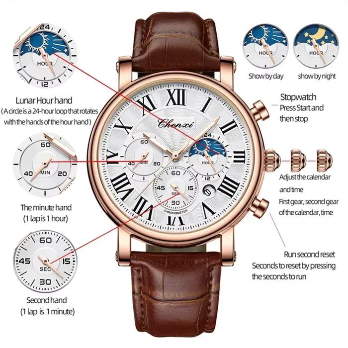 CHENXI 973 multi-fonction affaires Phase de lune Date étanche Rome analogique importé hommes montre-