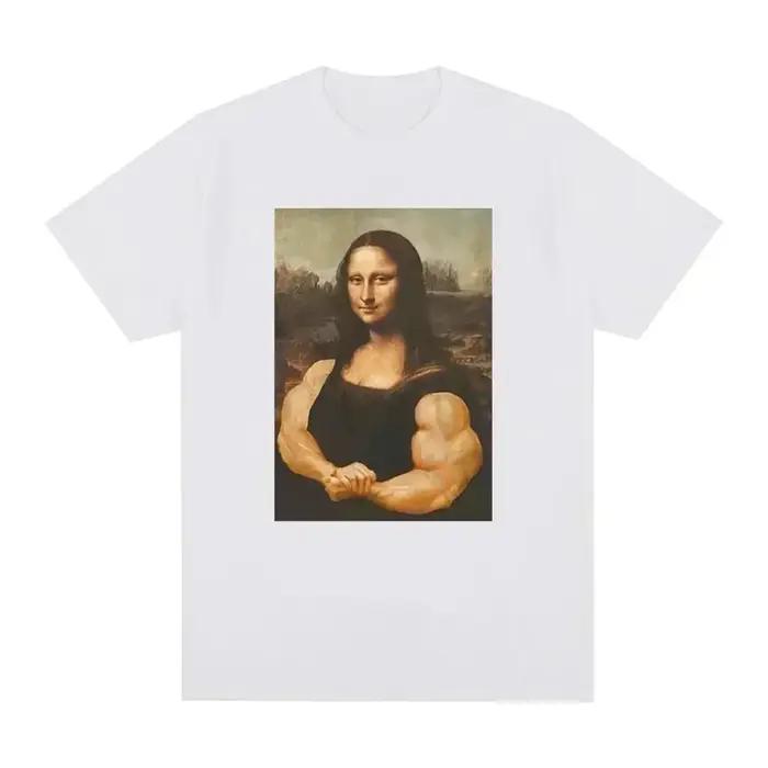 Drôle Mona Lisa Fitness T-shirt Muscles Gym Décontracté Graphique Manches Courtes T-shirts Unisexe M