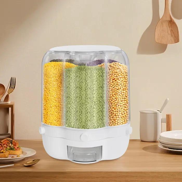 Distributeur Rotatif de Riz à 6 Grilles, Récipient de Rangement pour Grains Entiers, avec Couvercle,