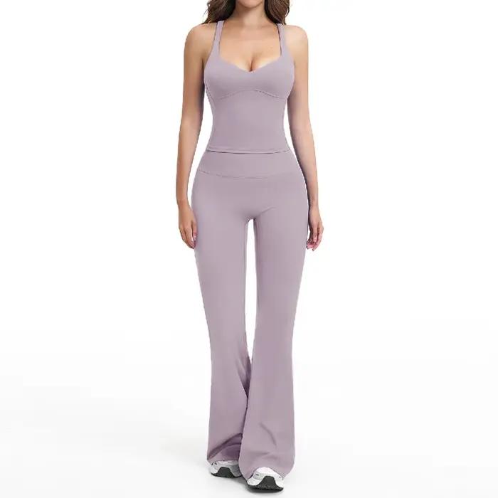 Ensemble de yoga 2 pièces pour femme : pantalon évasé et débardeur de sport antichoc – Tenue de spor