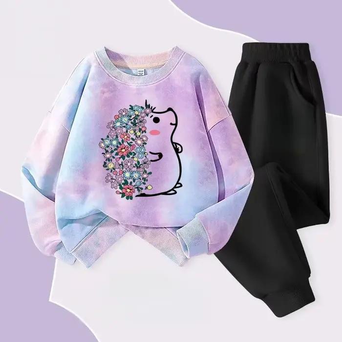 Automne bébé fille cravate colorant vêtements ensemble dessin animé imprimé pull sweats haut et pant