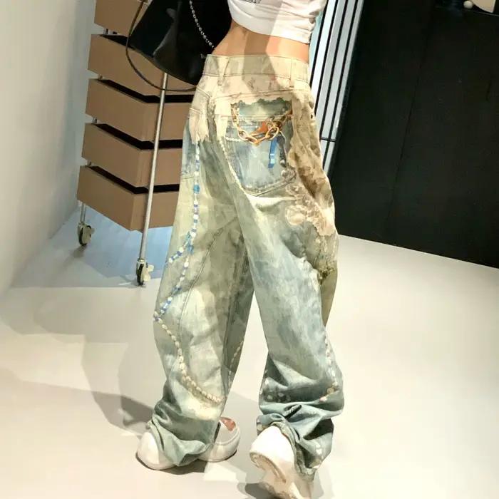 25SS dentelle perle chaîne trompe l'oeil 3D imprimé 1981 jambe droite jean pour hommes et femmes ropa hombre
