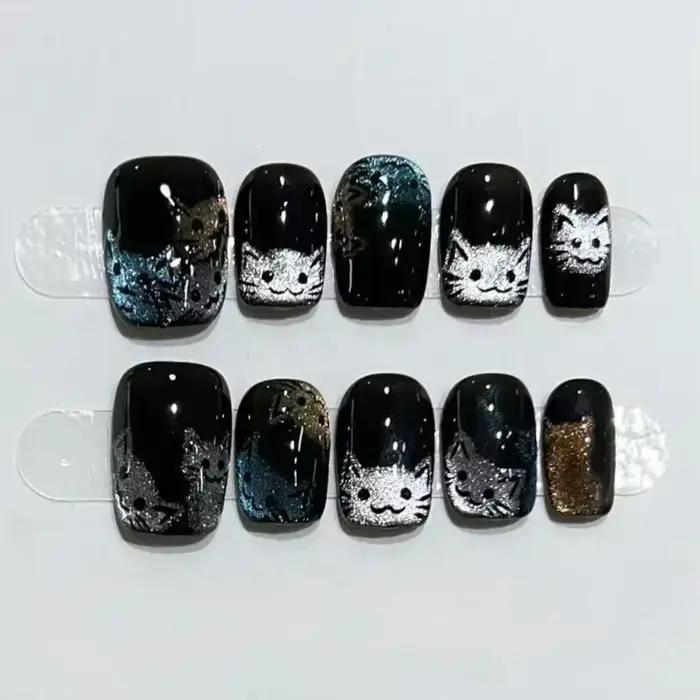 10 pièces noir mignon chat à la main presse sur ongles cristal oeil de chat faux ongles paillettes b