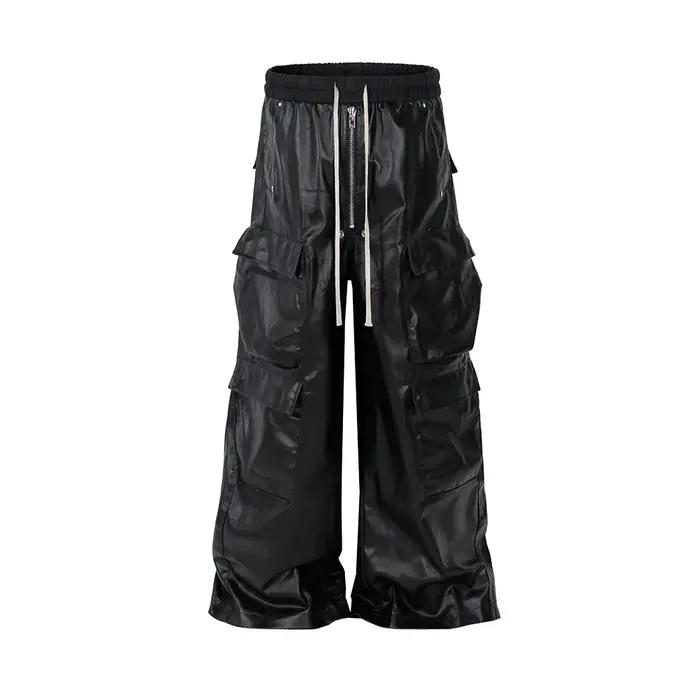 Pantalon en cuir PU mat Style RO pour hommes, pantalon Cargo Baggy à jambes larges avec cordon de se