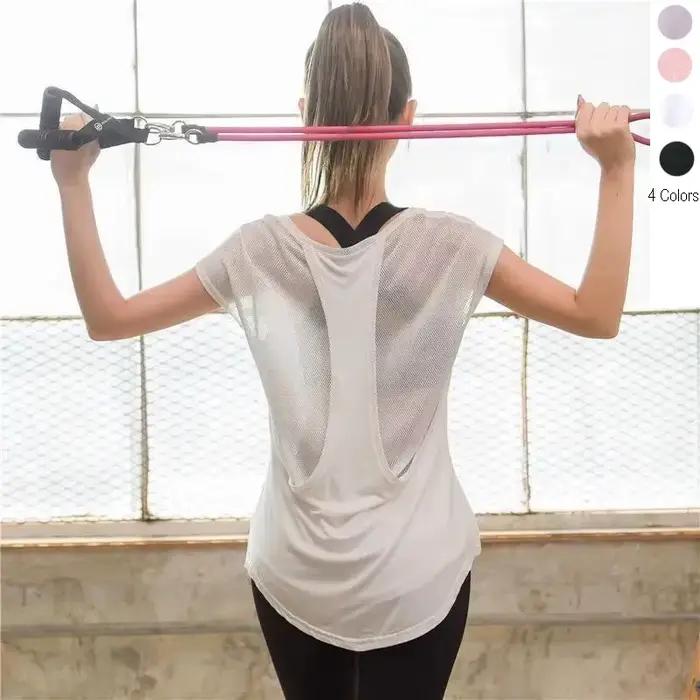 T-shirt de sport à manches courtes pour femme, fitness, entraînement en Y, exercice, gym, musculatio