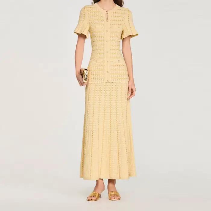 Nouvelle Robe Midi Élégante en Tweed Bleu Marine pour Femme 2026, Manches Courtes, Effet Deux Pièces