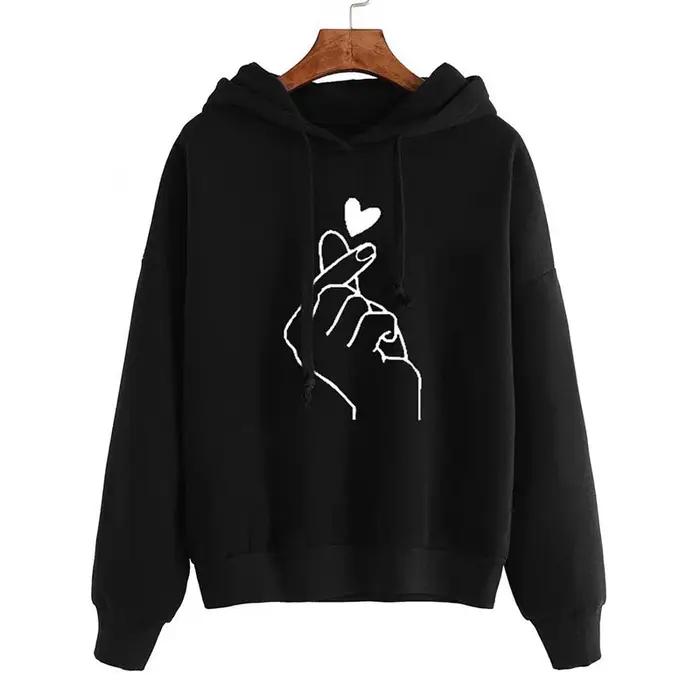 Automne sweat à capuche polaire couleur unie doigt coeur à capuche mode coréenne sweats à manches lo