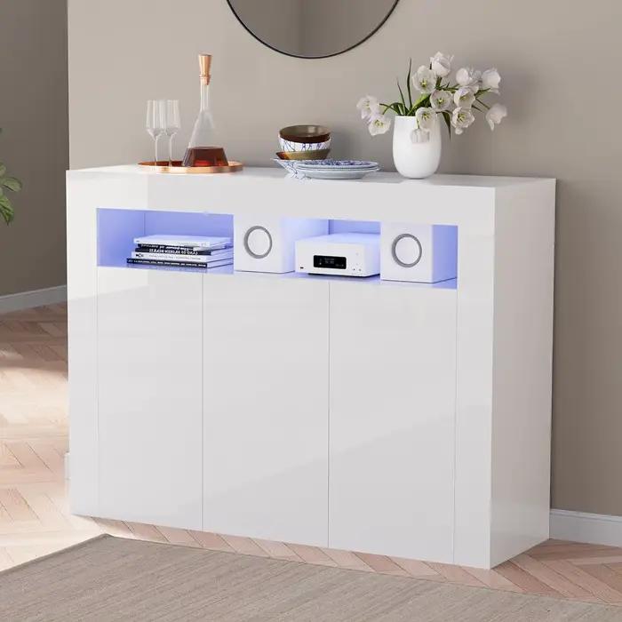 Armoire de rangement moderne blanche avec lumières LED, buffet à haute brillance, étagère réglable,