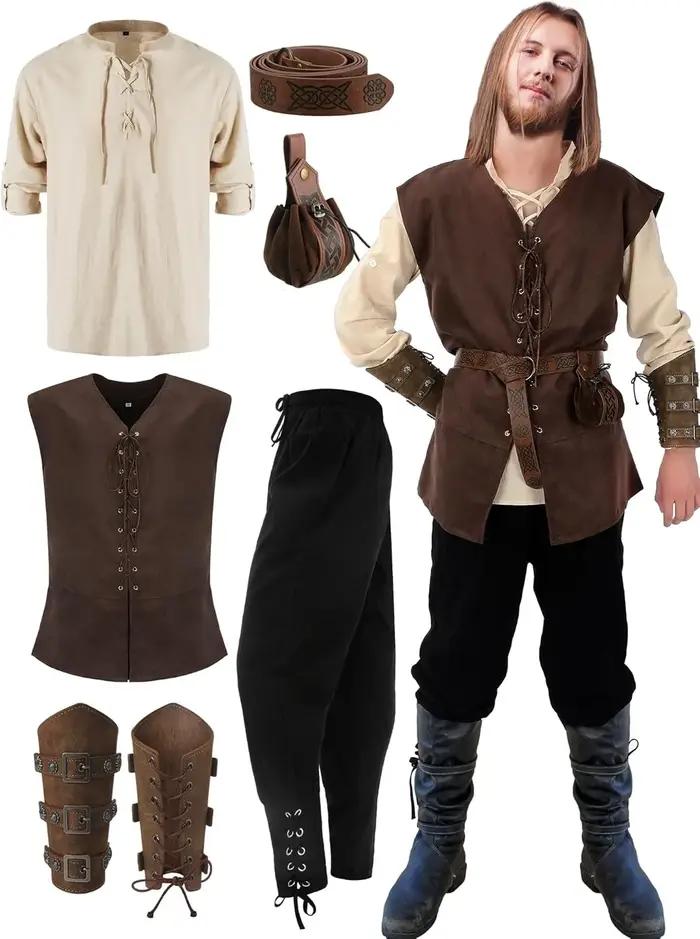 Ensemble de 6 pièces de costume de Renaissance pour homme pour Halloween : Gilet médiéval, chemise,