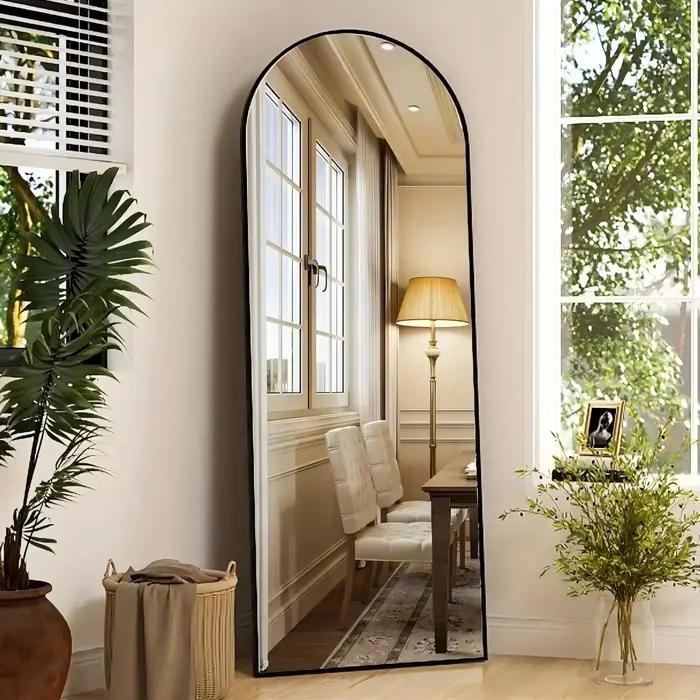 Miroir arqué pleine longueur, miroir de sol en arc avec support, miroir mural, miroir de face, dessu