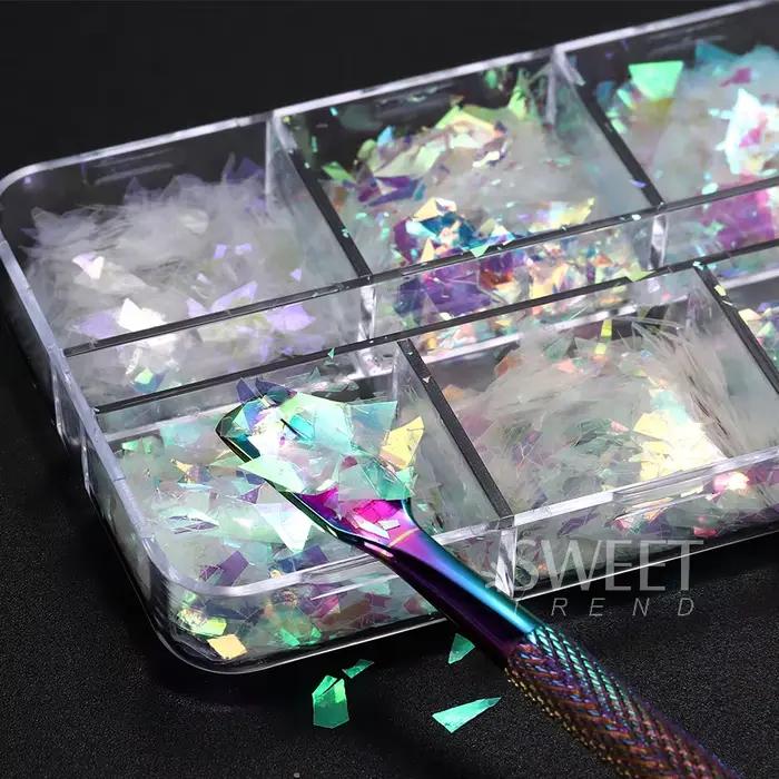 6 grilles AB irisé ongles paillettes flocons irrégulier aurore étincelle paillettes cristal verre fé