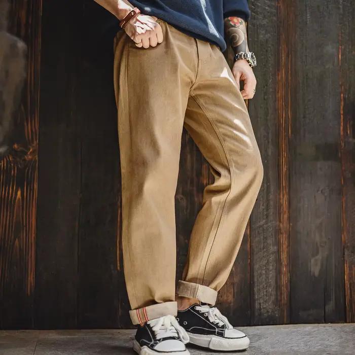 Maden 11.7oz lisière brut jean Vintage hommes kaki jambe droite Cowboy pantalon décontracté Zip mouc